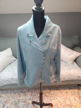 Shein Faux Suede Blue Women's Moto Jacket Size Large Like New
